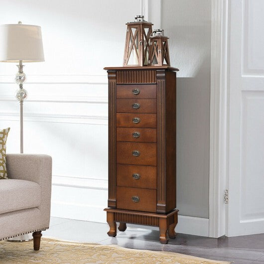 Wooden Jewelry Armoire Cabinet Storage Chest with Drawers & Swing Doors – Brown