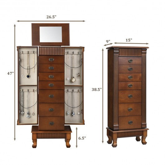 Wooden Jewelry Armoire Cabinet Storage Chest with Drawers & Swing Doors – Brown