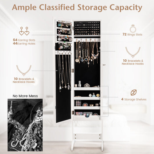 White Mirrored Standing Jewelry Cabinet Storage Box – Elegant & Secure Jewelry Organizer