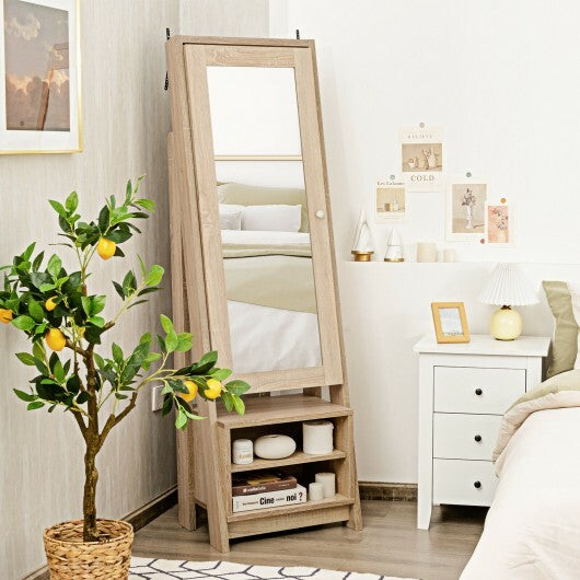 2-in-1 Wooden Cosmetics Storage Cabinet with Full-Length Mirror and Bottom Rack – The Ultimate Beauty Organizer