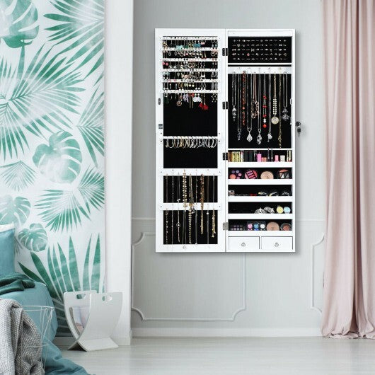 Wall-Mounted Lockable Mirror Jewelry Cabinet with LED Light - White
