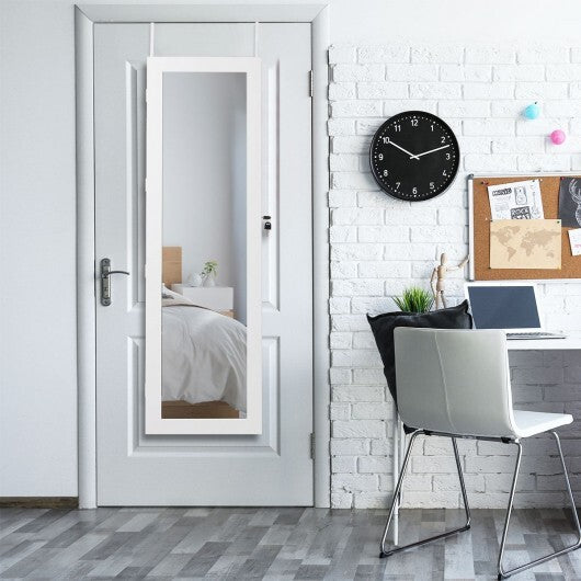 Wall-Mounted Lockable Mirror Jewelry Cabinet with LED Light - White