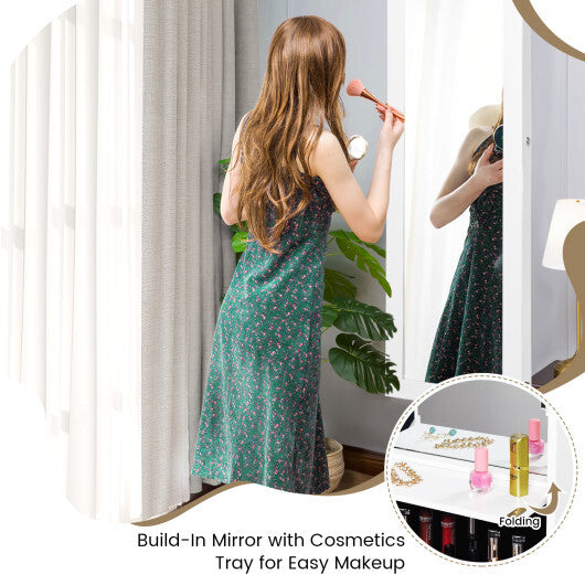 Lockable Wall/Door Mounted Mirror Jewelry Cabinet with LED Lights – White