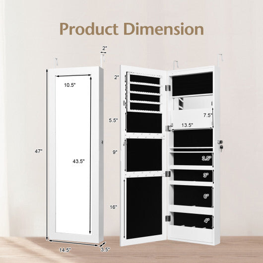Lockable Wall/Door Mounted Mirror Jewelry Cabinet with LED Lights – White