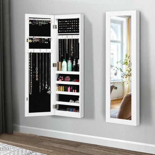 Wall & Door Mounted Mirrored Jewelry Cabinet with LED Light - White