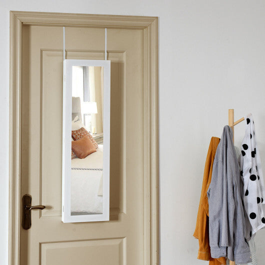 Wall & Door Mounted Mirrored Jewelry Cabinet with LED Light - White