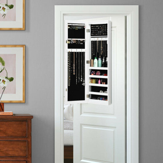Wall & Door Mounted Mirrored Jewelry Cabinet with LED Light - White