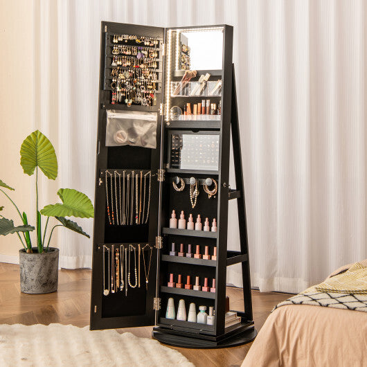 360° Rotating Mirrored Jewelry Cabinet Armoire with 3-Color LED Modes – Lockable – Black