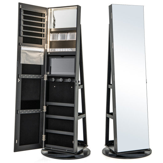 360° Rotating Mirrored Jewelry Cabinet Armoire with 3-Color LED Modes – Lockable – Black