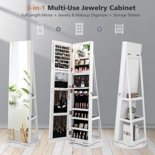 360° Rotating Jewelry Armoire with Full-Length Mirror & Adjustable LED Lights – White