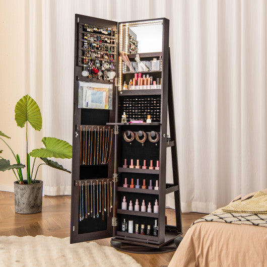 360° Rotating Mirrored Jewelry Cabinet Armoire with 3-Color LED Modes – Lockable – Espresso