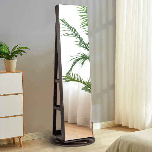 360° Rotating Mirrored Jewelry Cabinet Armoire with 3-Color LED Modes – Lockable – Espresso