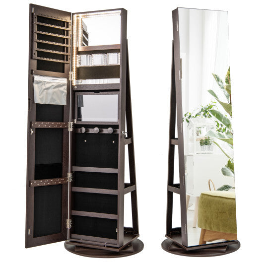 360° Rotating Mirrored Jewelry Cabinet Armoire with 3-Color LED Modes – Lockable – Espresso