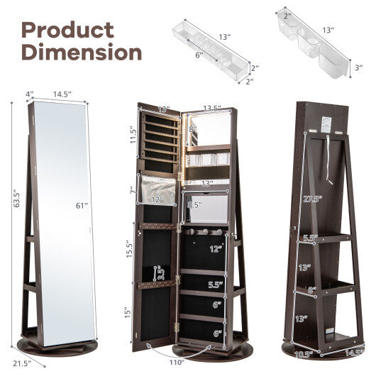 360° Rotating Mirrored Jewelry Cabinet Armoire with 3-Color LED Modes – Lockable – Espresso
