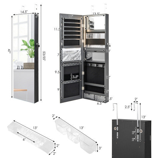 Wall-Mounted Jewelry Cabinet with Full-Length Mirror - Black