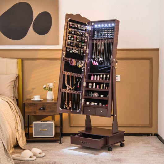 Rolling Floor Standing Mirrored Jewelry Armoire with Lock and Drawers - Brown