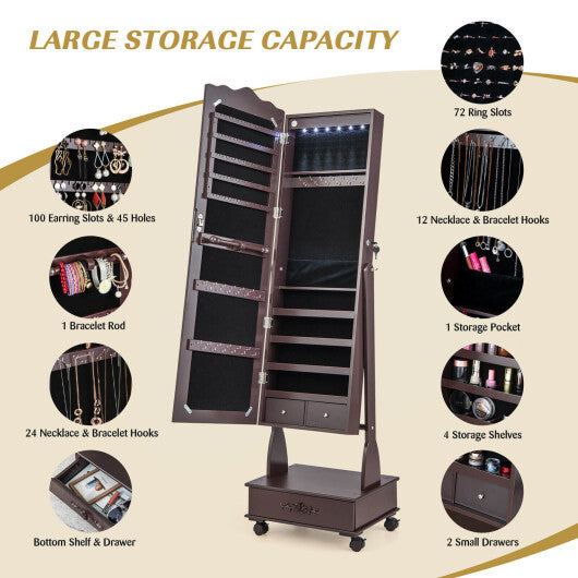 Rolling Floor Standing Mirrored Jewelry Armoire with Lock and Drawers - Brown