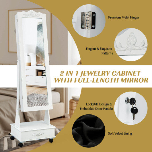 Rolling Floor Standing Mirrored Jewelry Armoire with Lock and Drawers - White