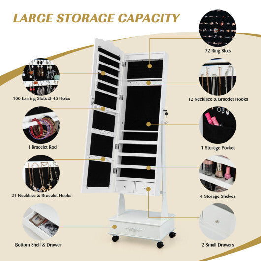 Rolling Floor Standing Mirrored Jewelry Armoire with Lock and Drawers - White
