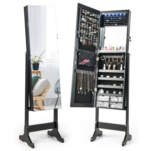 Free-Standing Full-Length Jewelry Armoire with LED Lights – Elegant Black Jewelry Organizer