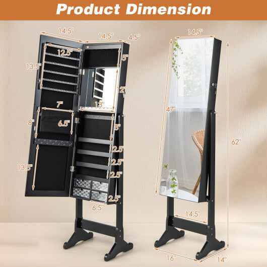 Free-Standing Full-Length Jewelry Armoire with LED Lights – Elegant Black Jewelry Organizer