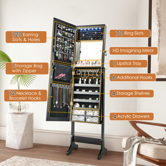 Free-Standing Full-Length Jewelry Armoire with LED Lights – Elegant Black Jewelry Organizer