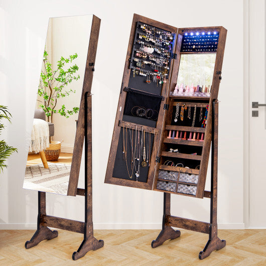 Lockable Jewelry Armoire Standing Cabinet with Lighted Full-Length Mirror – Rustic Brown Finish