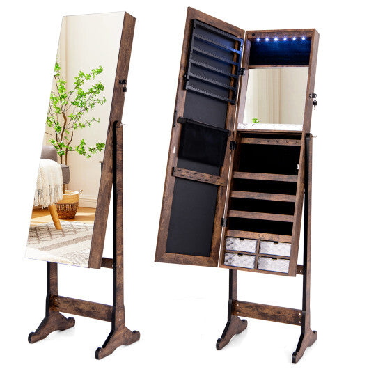 Lockable Jewelry Armoire Standing Cabinet with Lighted Full-Length Mirror – Rustic Brown Finish