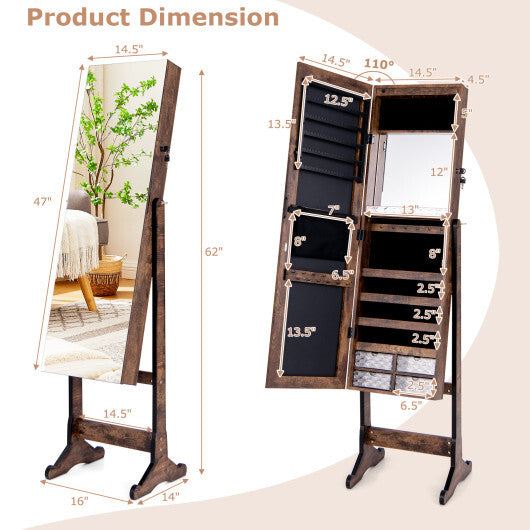 Lockable Jewelry Armoire Standing Cabinet with Lighted Full-Length Mirror – Rustic Brown Finish