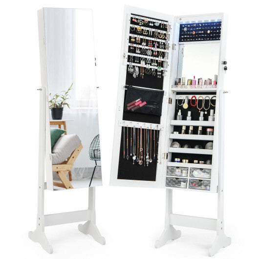 Free-Standing Full-Length Jewelry Armoire with LED Lights – Elegant White Jewelry Organizer