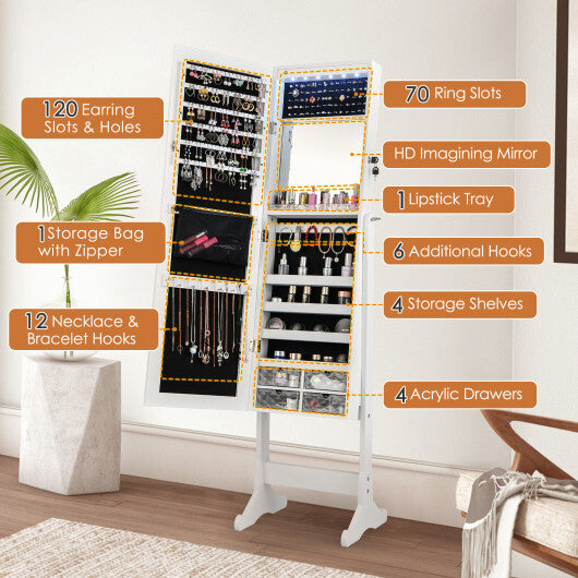 Free-Standing Full-Length Jewelry Armoire with LED Lights – Elegant White Jewelry Organizer