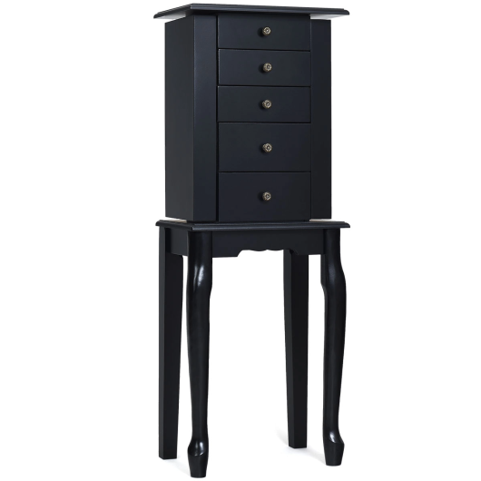 Black Standing Jewelry Cabinet Armoire with Mirror & Lockable Storage