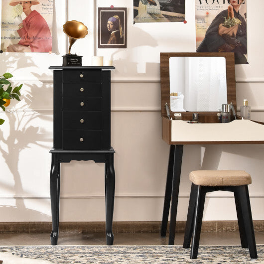 Black Standing Jewelry Cabinet Armoire with Mirror & Lockable Storage