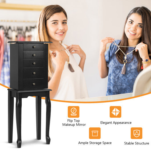 Black Standing Jewelry Cabinet Armoire with Mirror & Lockable Storage