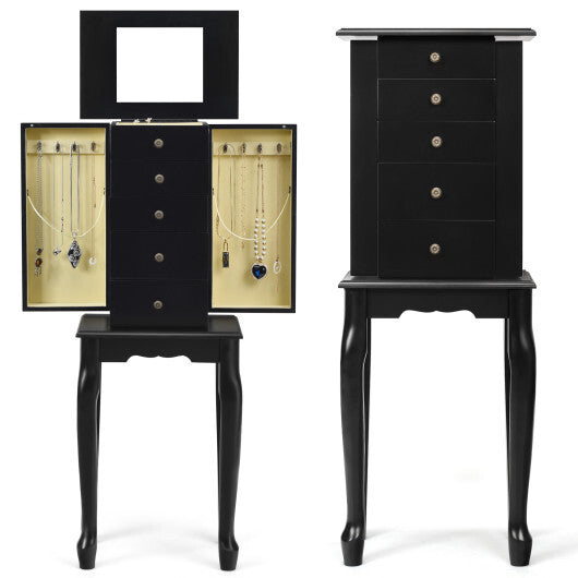 Black Standing Jewelry Cabinet Armoire with Mirror & Lockable Storage