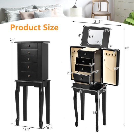 Black Standing Jewelry Cabinet Armoire with Mirror & Lockable Storage