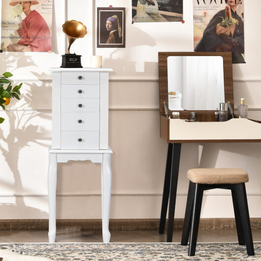 White Standing Jewelry Cabinet Armoire with Full-Length Mirror & Lockable Storage