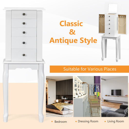 White Standing Jewelry Cabinet Armoire with Full-Length Mirror & Lockable Storage
