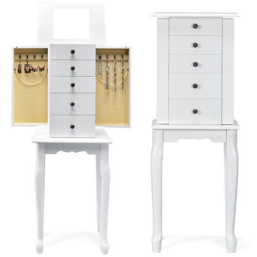 White Standing Jewelry Cabinet Armoire with Full-Length Mirror & Lockable Storage