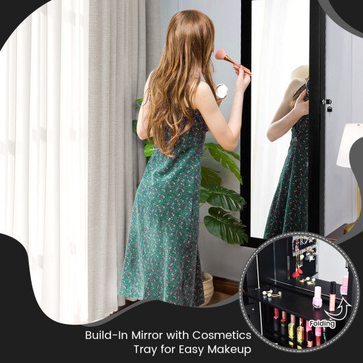 Lockable Wall/Door Mounted Mirror Jewelry Cabinet with LED Lights – Black