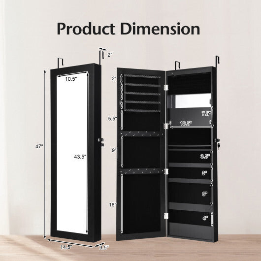 Lockable Wall/Door Mounted Mirror Jewelry Cabinet with LED Lights – Black