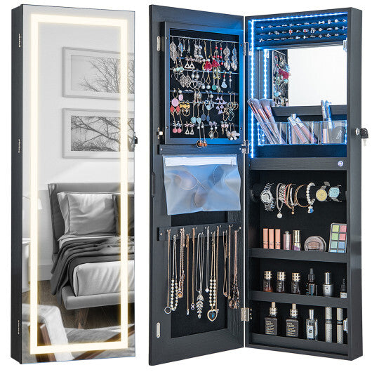 42.5" Lockable Wall-Mounted Jewelry Mirror Cabinet – Black | 3-Color LED Lights & Ample Storage