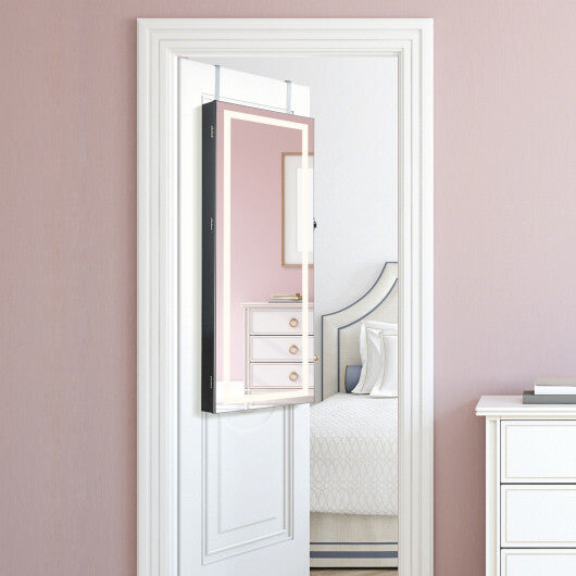 42.5" Lockable Wall-Mounted Jewelry Mirror Cabinet – Black | 3-Color LED Lights & Ample Storage