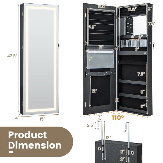 42.5" Lockable Wall-Mounted Jewelry Mirror Cabinet – Black | 3-Color LED Lights & Ample Storage