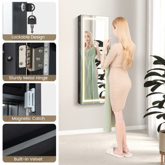 42.5" Lockable Wall-Mounted Jewelry Mirror Cabinet – Black | 3-Color LED Lights & Ample Storage