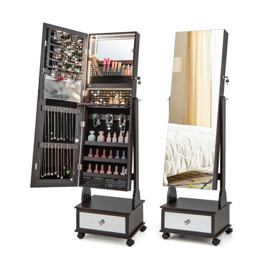 47-Inch Wall-Mounted Jewelry Armoire with Touch LED Mirror – Brown Finish