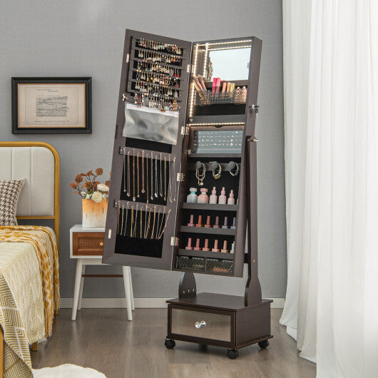47-Inch Wall-Mounted Jewelry Armoire with Touch LED Mirror – Brown Finish