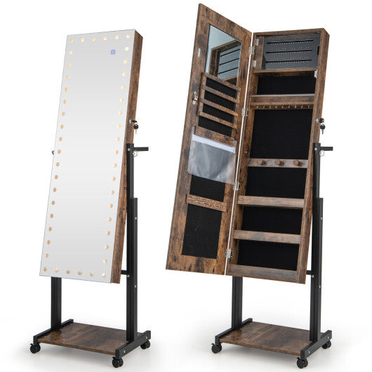 Mirror Jewelry Cabinet Armoire with Adjustable Height & Wheels – Brown Finish