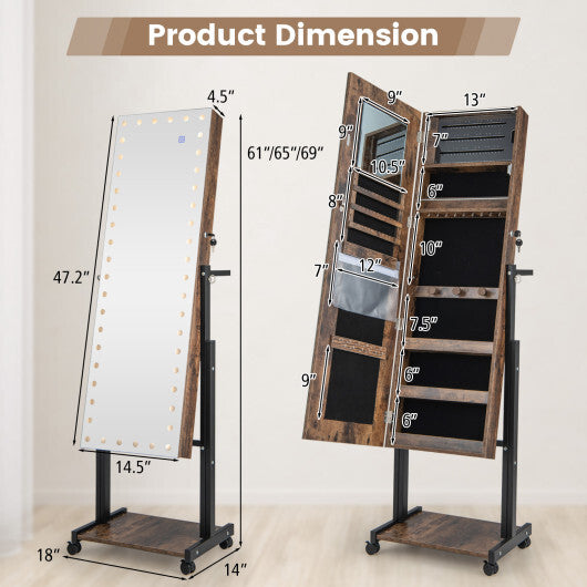 Mirror Jewelry Cabinet Armoire with Adjustable Height & Wheels – Brown Finish