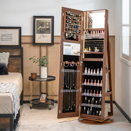 Standing Jewelry Cabinet with Adjustable LED Lights – Brown Finish